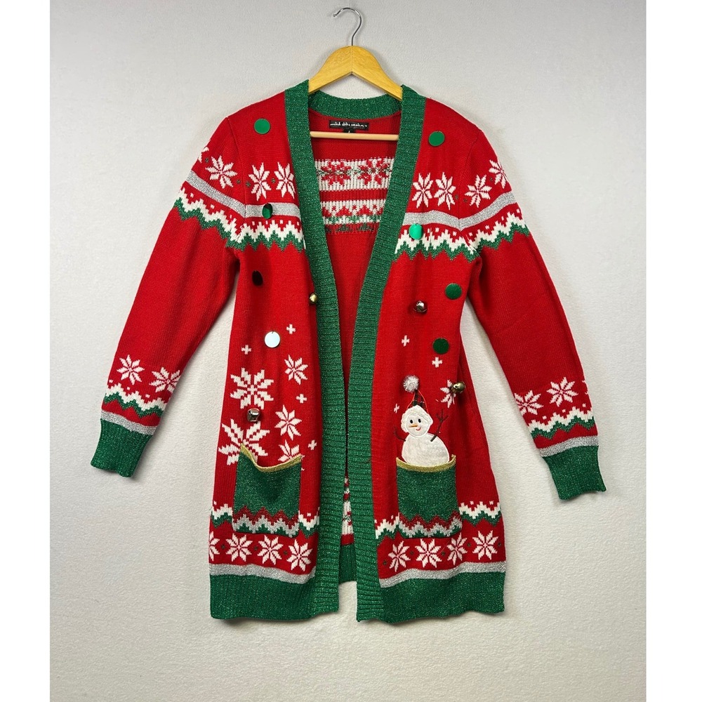 US Sweaters Holiday Womens Red Snowman‎ Snowflake Christmas Cardigan Sweater S
